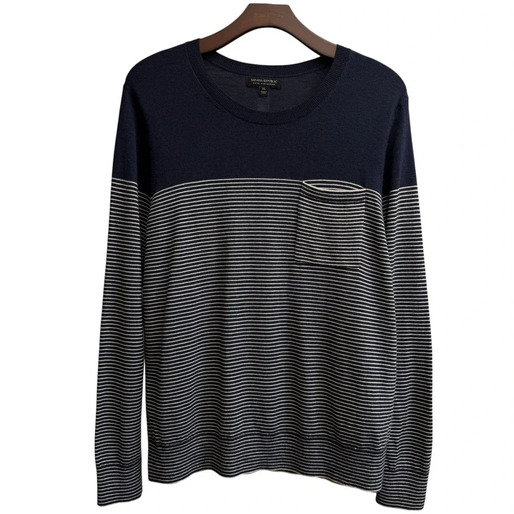 Banana‎ Republic Extra Fine Merino Wool Striped Sweater Navy Blue Men XL #583